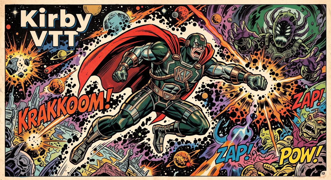 A comic panel in the Kirby style: a caped, armoured figure
lettered KV bursting forward through exploding stars and
crackling energy, with KRAKKOOM, ZAP and POW across the
frame, titled Kirby VTT.